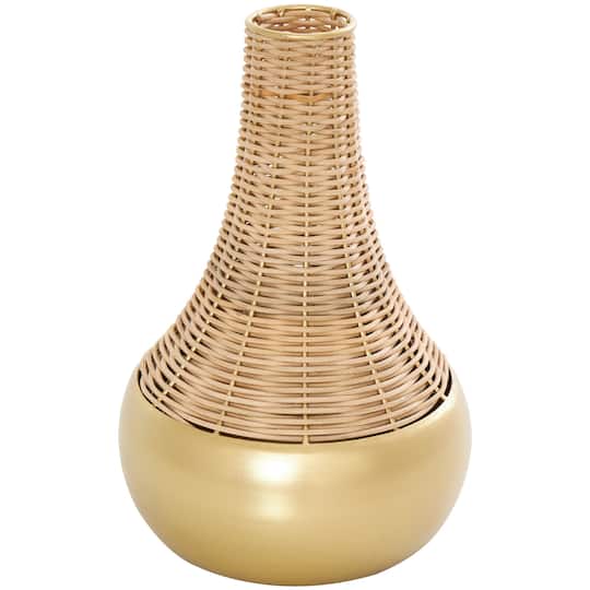 11" Brown & Gold Rattan Handmade Woven Vase